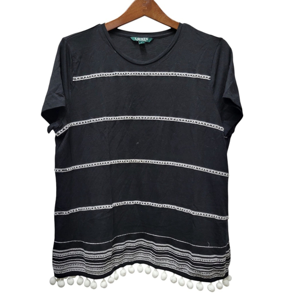 Lauren Ralph Lauren Short Sleeve W/Pom Pom Fringe Blouse Women's Size XL - Picture 1 of 9